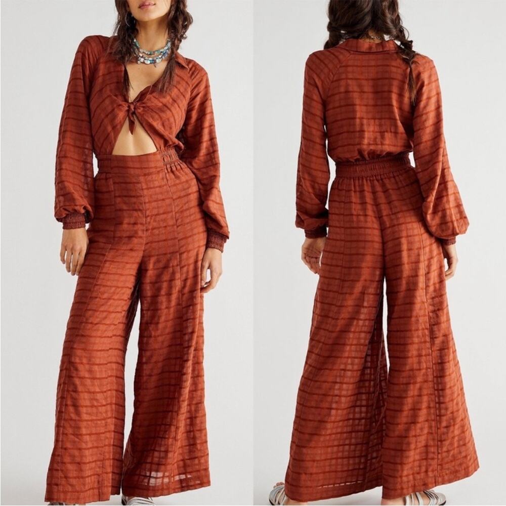 Free People Martha Rust Brown Cut Out Tie Front Wide Leg Jumpsuit Large